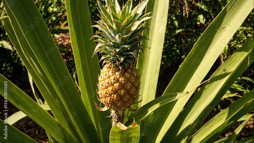 Obraz premium Exotic pineapple plant with ripe fruit under the sun