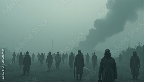 Polluted dystopian cityscape with masked individuals photo