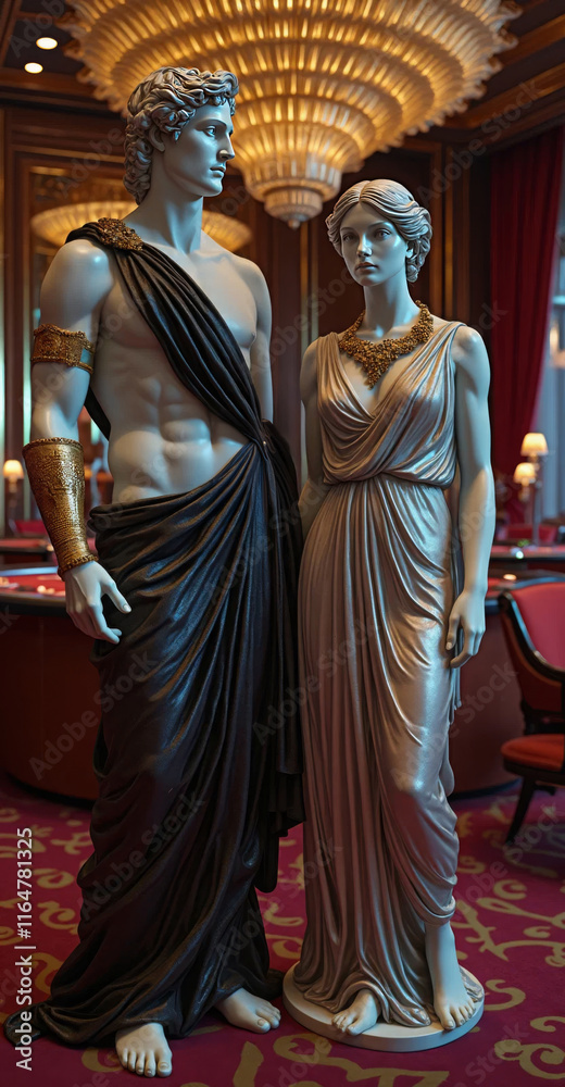 Fototapeta premium elegant Greek-style statues in a luxurious casino setting with rich decor, ideal for branding, advertising, or promoting events, suitable for banners, mockups, or luxury lifestyle concepts.