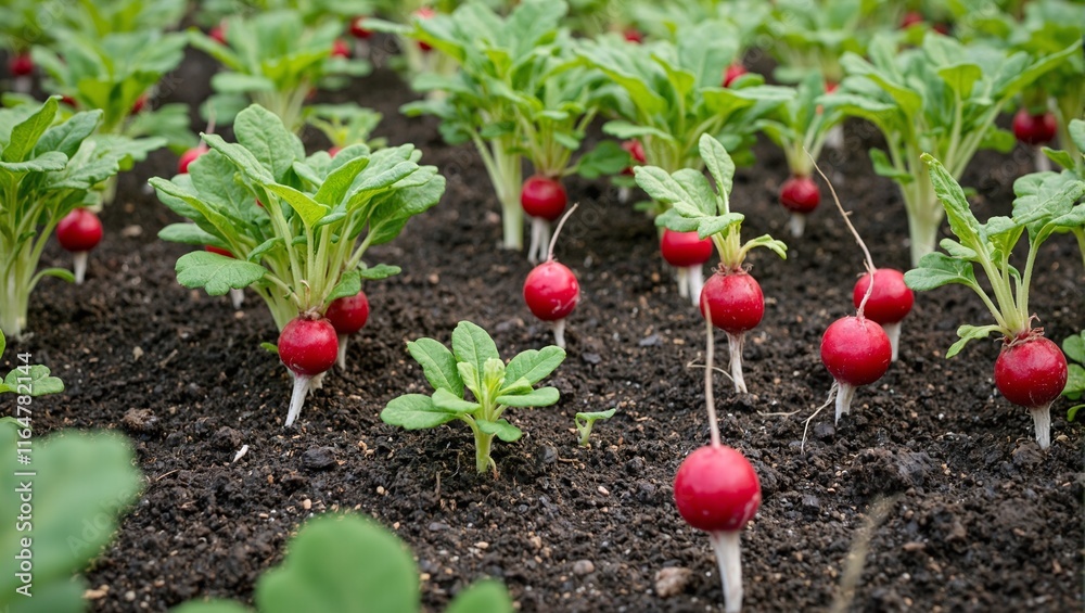 Vibrant red radishes sprouting from rich dark soil Vibrant red radishes sprouting from rich dark soil