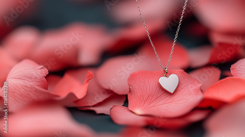 A close-up of a gold necklace featuring a heart-shaped pendant elegantly placed on vibrant red rose petals, evoking love, romance, and the essence of Valentine's Day. photo