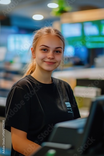 A young cashier woman with a friendly smile stands behind a counter in a modern retail environment. She wears a black t-shirt and has long hair tied back. 