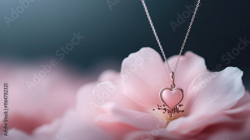 A close-up of a delicate gold necklace featuring a heart-shaped pink pendant resting gracefully on a soft pink flower, symbolizing love and Valentine's Day romance with an artistic flair. photo