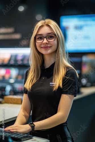 A young cashier woman with long blonde hair and glasses, wearing a black polo shirt, smiles at the camera while standing behind a counter in a modern retail environment. photo