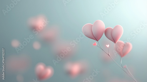 A dreamy composition of heart-shaped balloons in soft pink hues attached to delicate stems, set against a hazy teal background, evoking love and tenderness for Valentine's Day themes. photo