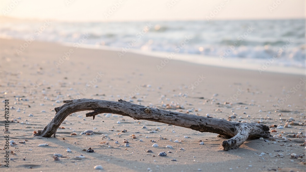 Tranquil driftwood branch on sandy beach at dusk Tranquil driftwood branch on sandy beach at dusk