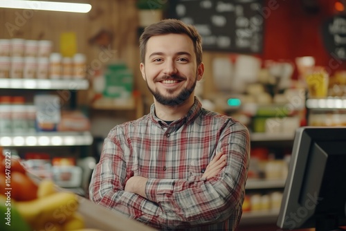 A smiling young cashier man with a beard stands confidently in a grocery store, arms crossed. The background features shelves stocked with various food items, creating a warm and inviting atmosphere. photo