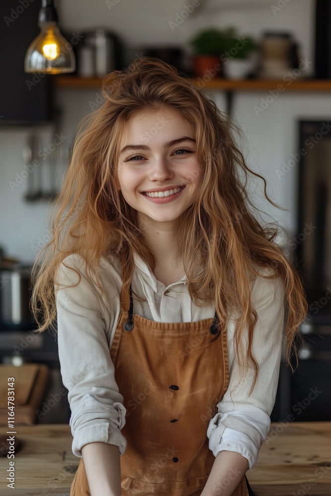A young woman with long, wavy hair smiles warmly at the camera. She is wearing a light-colored shirt and a brown apron, standing in a cozy kitchen with wooden elements and plants in the background. A young woman with long, wavy hair smiles warmly at the camera. She is wearing a light-colored shirt and a brown apron, standing in a cozy kitchen with wooden elements and plants in the background.