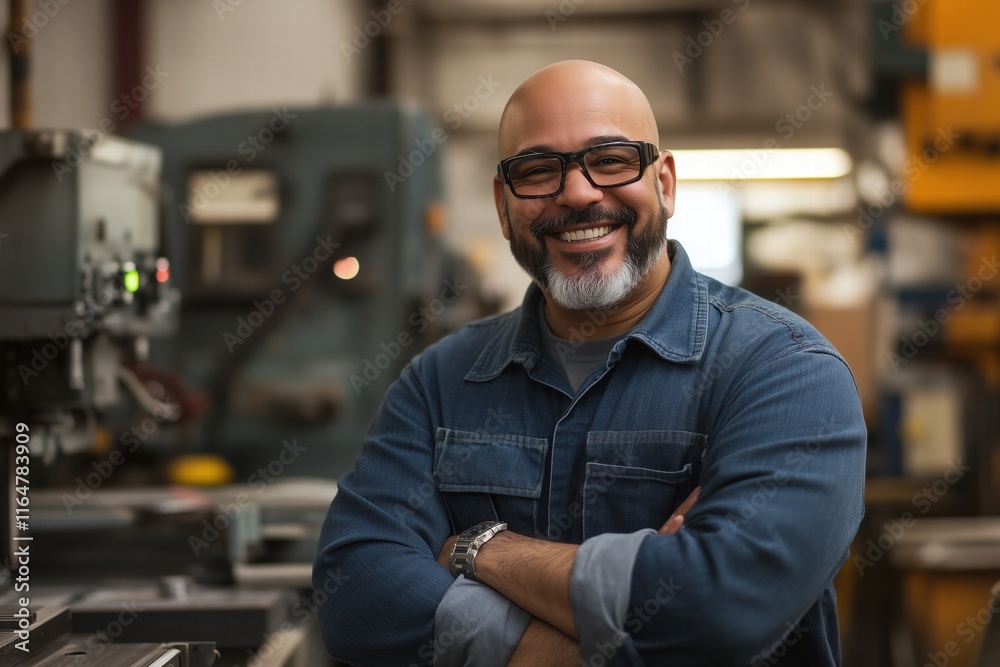 A smiling CNC machine operator man with glasses and a beard, wearing a denim shirt, stands confidently in a workshop filled with machinery and tools in the background. A smiling CNC machine operator man with glasses and a beard, wearing a denim shirt, stands confidently in a workshop filled with machinery and tools in the background.