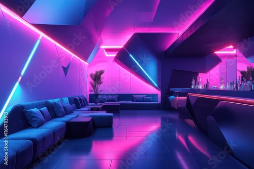 Futuristic Lounge with Neon Lighting and Geometric Design