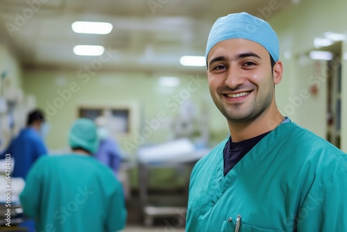A smiling surgeon in green scrubs and a blue cap stands in a hospital operating room with colleagues in the background.