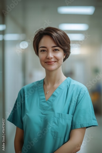 A smiling nurse in teal scrubs stands in a hospital corridor. Free Download A smiling nurse in teal scrubs stands in a hospital corridor. - GFXLoad