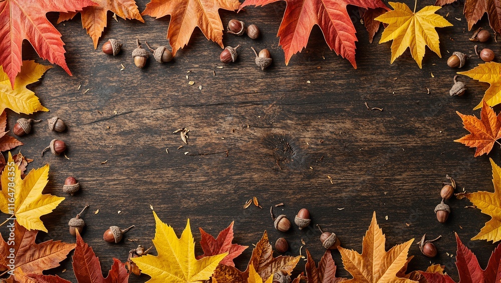 Obraz premium Autumn maple leaves and acorns on dark wood