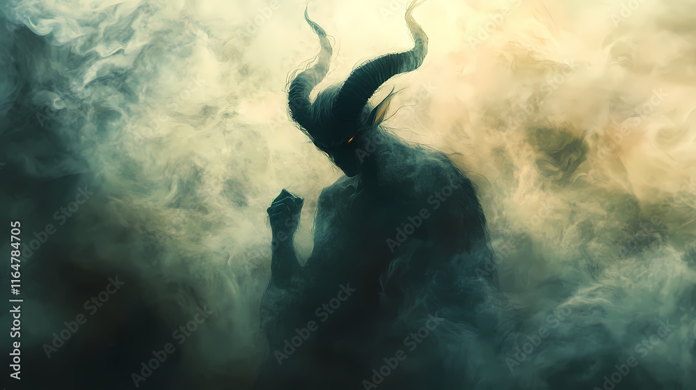 Obraz premium An abstract devil materializes through swirling smoke, its shadowy form shrouded in a haunting atmosphere. Whispering. Illustration