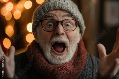 An elderly man with glasses and a knitted hat expresses joy and surprise, with his mouth open and hands raised. The background features soft, warm bokeh lights, creating a festive atmosphere.  photo