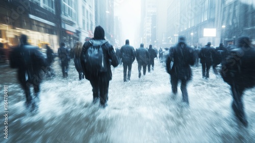 Pedestrians Navigate Waterlogged Streets in City Downpour
