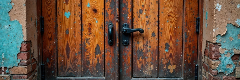 Ancient wooden door with scratches and worn surface, rustic decor, old furniture Ancient wooden door with scratches and worn surface, rustic decor, old furniture