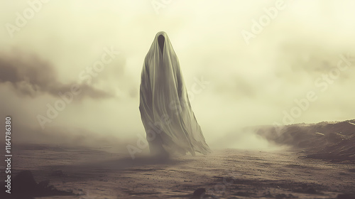 A ghostly figure hovering above a deserted battlefield, with faint whispers carried by the wind. Whispering. Illustration photo