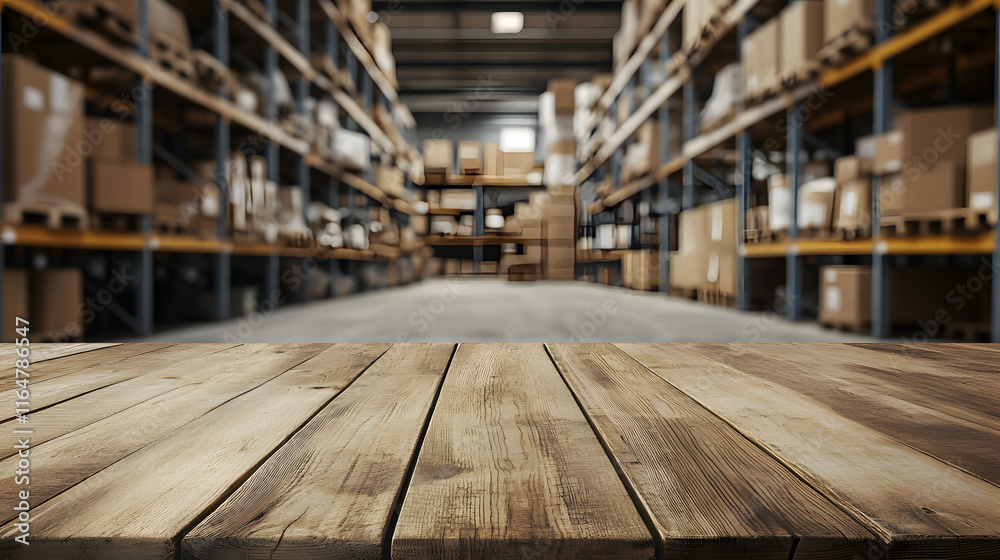 A wooden table in a warehouse setting with shelves filled with boxes in the background. A wooden table in a warehouse setting with shelves filled with boxes in the background.