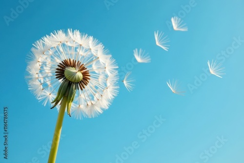 Whimsical dandelion clock dispersing seeds on a clear blue backdrop , detail, seeds, light photo