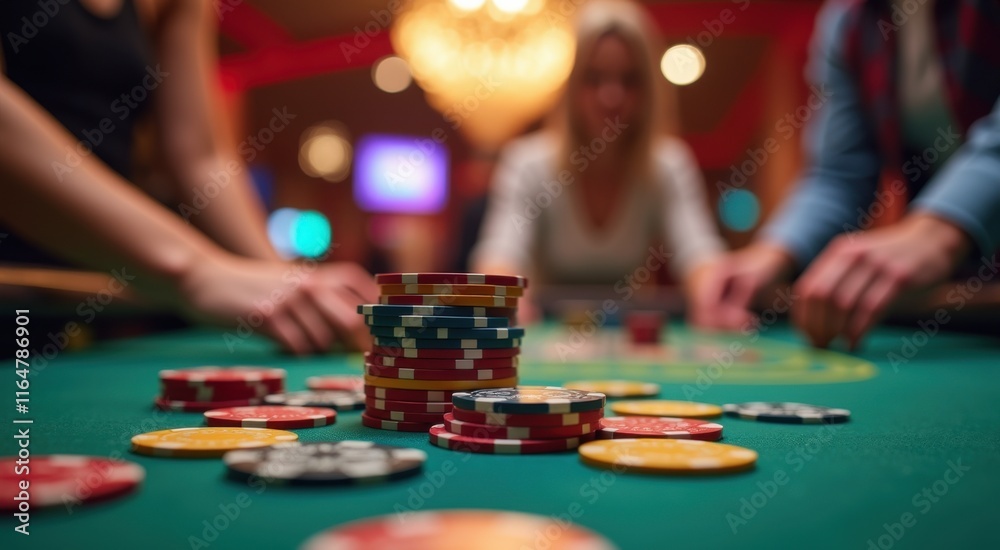 People playing a game of poker in a casino with chips on the table People playing a game of poker in a casino with chips on the table