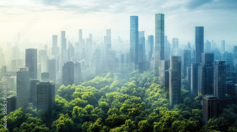 Obraz premium A city skyline surrounded by lush greenery, showcasing urban nature integration.