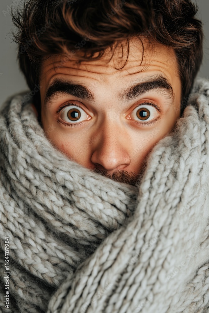 A young man with expressive eyes wrapped in a thick, cozy gray scarf, looking surprised or curious. The background is neutral, emphasizing his facial expression and the texture of the scarf. A young man with expressive eyes wrapped in a thick, cozy gray scarf, looking surprised or curious. The background is neutral, emphasizing his facial expression and the texture of the scarf.
