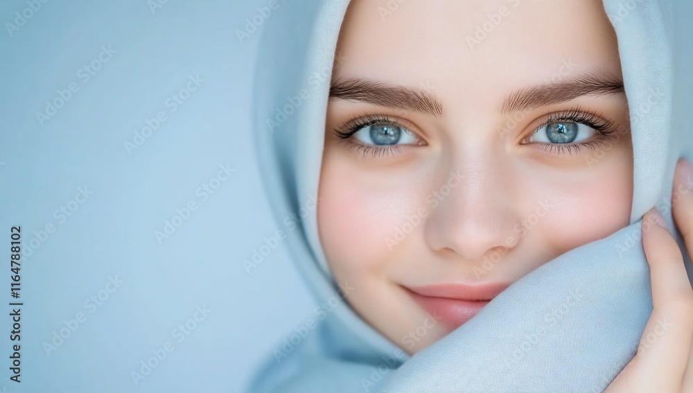 A close-up portrait of a smiling woman in a light blue hijab. A close-up portrait of a smiling woman in a light blue hijab.