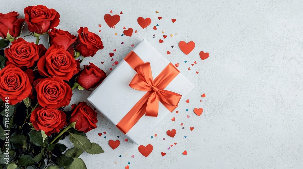 Valentine's Day Romantic Red Roses Gift Box Surprise Elegant Setting Gift Presentation Intimate Atmosphere Close-Up View Valentine's Day Romantic Red Roses Gift Box Surprise Elegant Setting Gift Presentation Intimate Atmosphere Close-Up View