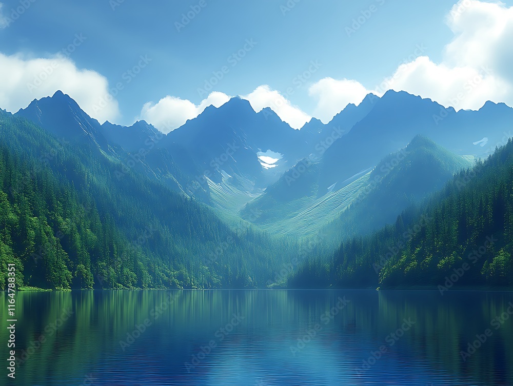 Fototapeta premium Serene Mountain Lake Enveloped by Verdant Forests
