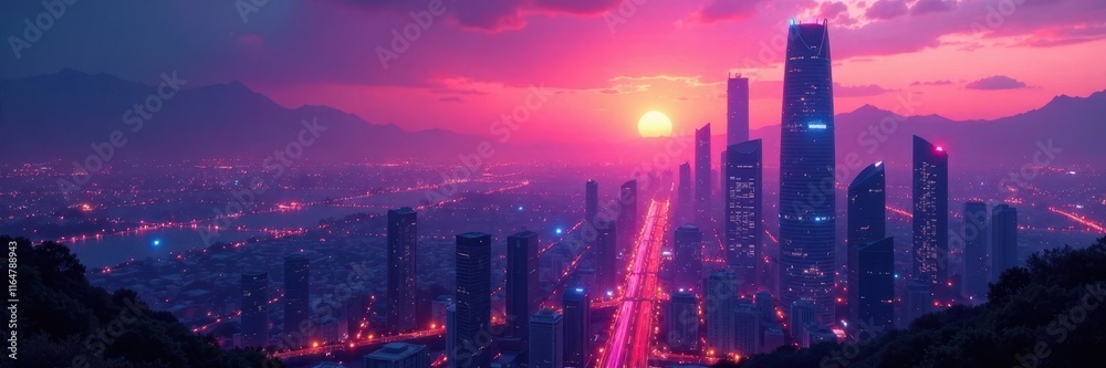 Fototapeta premium Futuristic cityscape with towering skyscrapers and neon lights at dusk , architecture, urbanization, nightlife