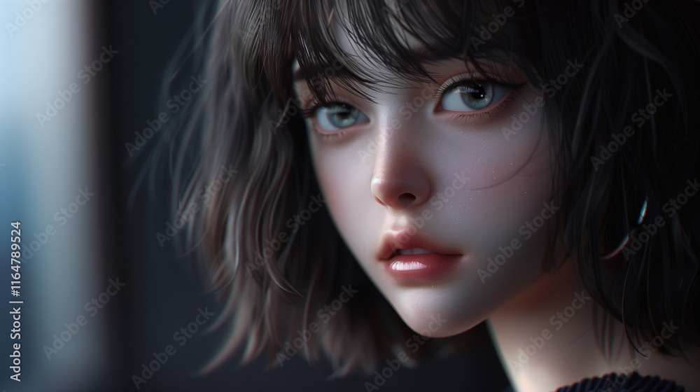 custom made wallpaper toronto digitalHyper-Realistic Illustration of a Young Woman with Short Hair and Deep Eyes in Emotional Portrait.
