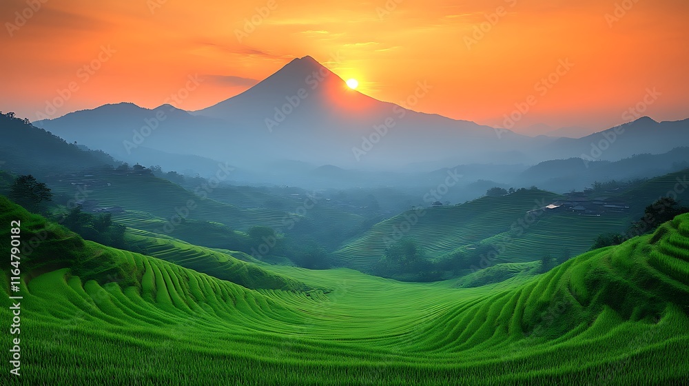 Fototapeta premium Sunrise Over Lush Green Rice Terraces and Mountains