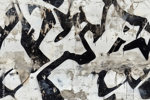 An abstract wall with black graffiti patterns on a weathered white background, showcasing peeling paint and drips.