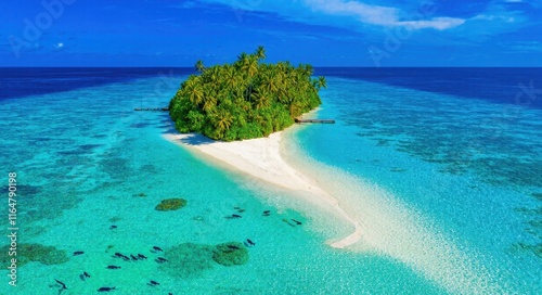 Exotic Island with White Sand and Stunning Coral Reefs  .