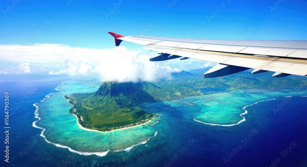 Obraz premium Photo of Island and Ocean from Airplane Window Near the Wing .