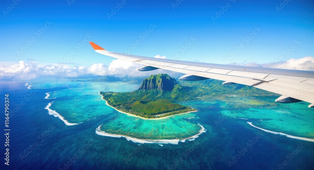 Obraz premium Photo of Island and Ocean from Airplane Window Near the Wing .