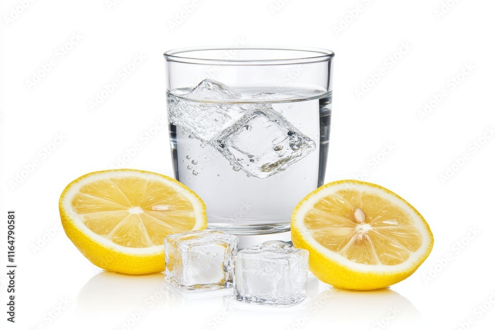 Glass of water with ice cubes and a lemon slice Glass of water with ice cubes and a lemon slice