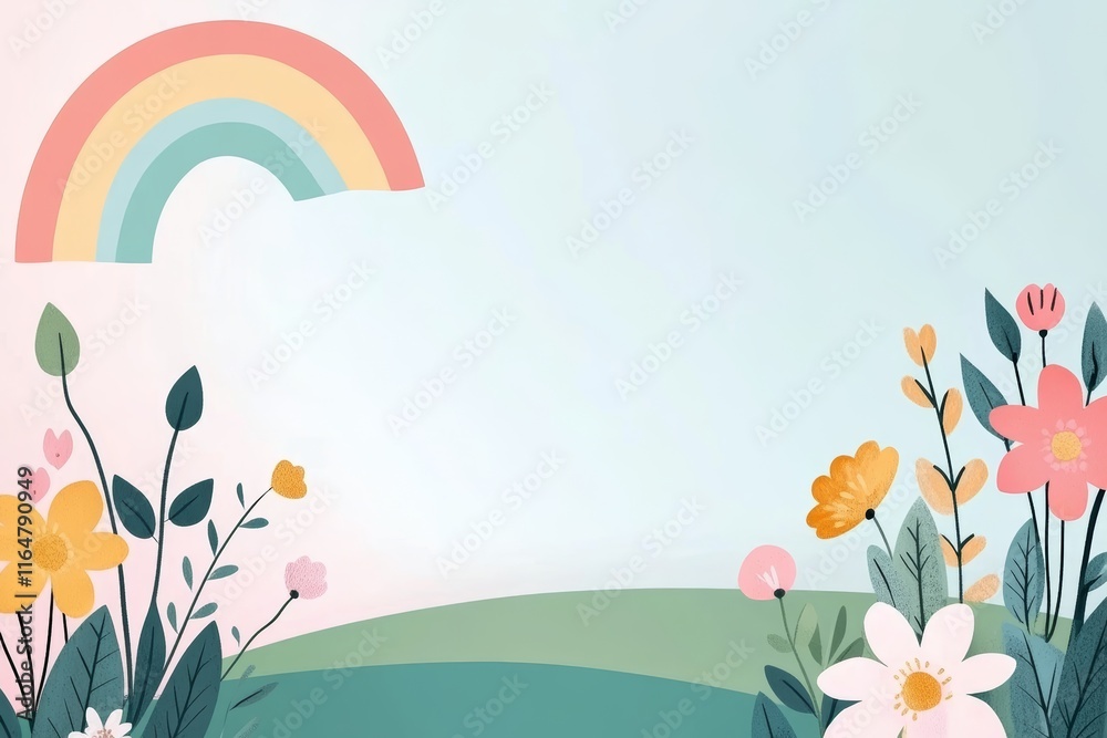 Rainbow is above a field of flowers Rainbow is above a field of flowers