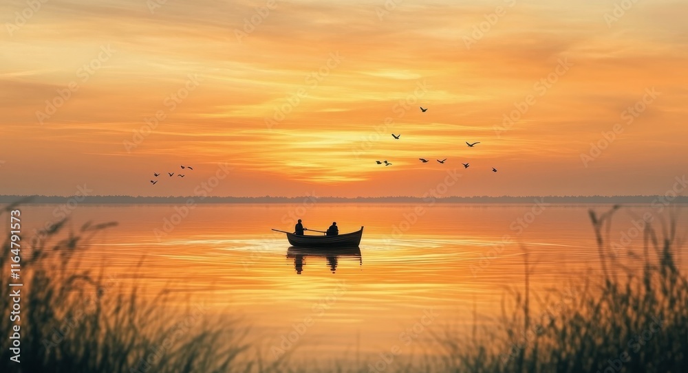 Silhouette of a Fisherman Rowing a Boat in a Dramatic Sunset . Silhouette of a Fisherman Rowing a Boat in a Dramatic Sunset .