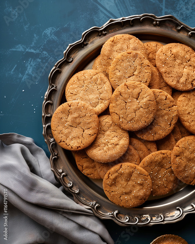 Platter of Spiced Ginger Cookies with Cinnamon and Sugar on an Old Silver Tray
