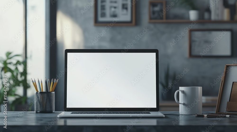 Modern Workspace: Laptop, Pencils, and Coffee Mug on Desk Modern Workspace: Laptop, Pencils, and Coffee Mug on Desk