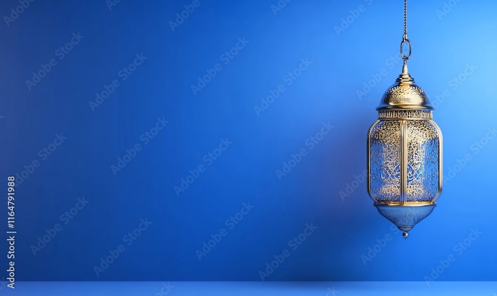 A decorative lantern hanging against a vibrant blue background. A decorative lantern hanging against a vibrant blue background.