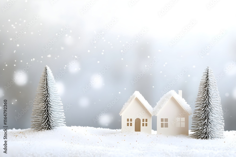 Naklejka premium Peaceful paper landscape with green pine trees, small houses, and white snow. Winter, holiday decor, serene scene, minimalist style.