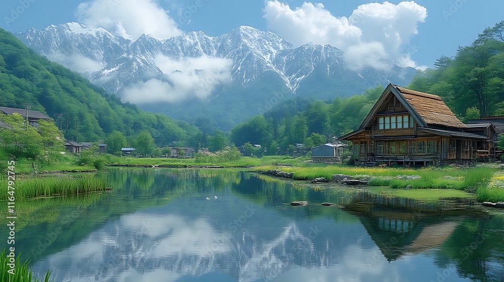 Mountain Village House Scenic Lakeside Reflection Mountain Village House Scenic Lakeside Reflection