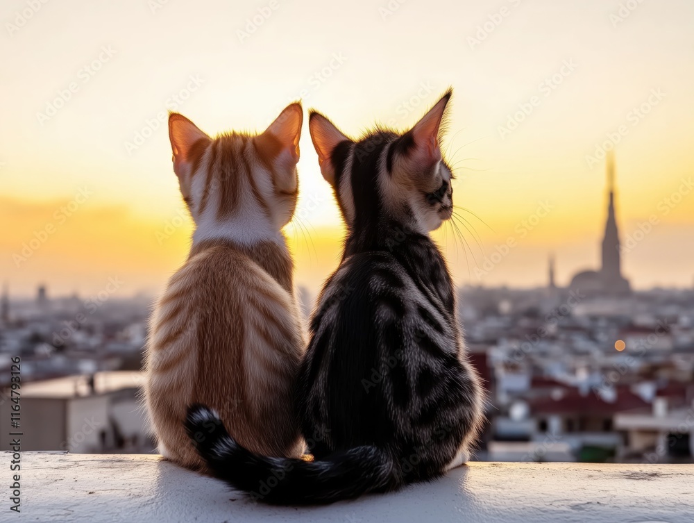 Obraz premium Two cats sitting on a ledge watching a sunset over a city