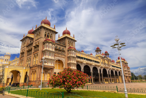 Exterior view of historic Mysore Maharaja palace in Karnataka state, India.