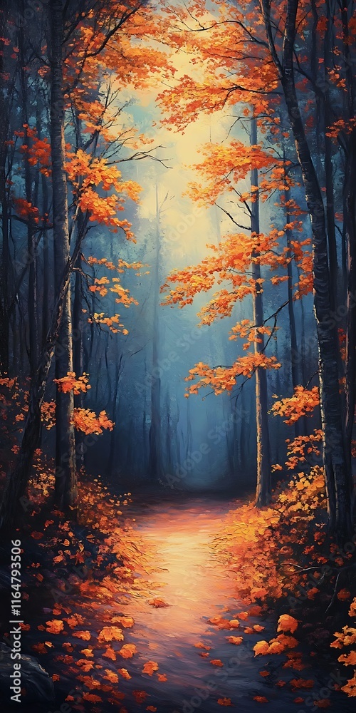 Fototapeta premium autumn forest path with sunlight streaming through golden leaves