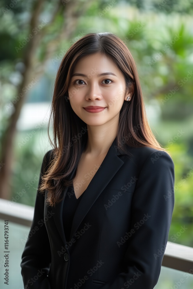 A professional sales manager portrait of a young woman in a black blazer, standing outdoors with greenery in the background. She has long, straight hair and a warm smile. A professional sales manager portrait of a young woman in a black blazer, standing outdoors with greenery in the background. She has long, straight hair and a warm smile.