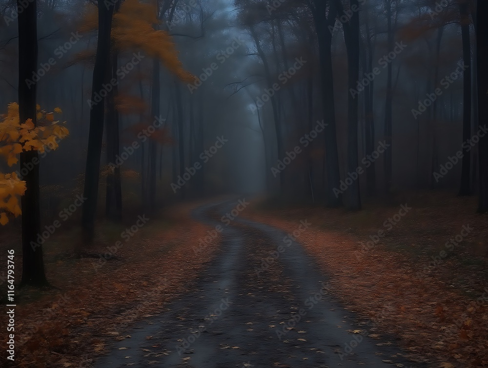 Naklejka premium Autumn Road Winding Through a Misty Forest